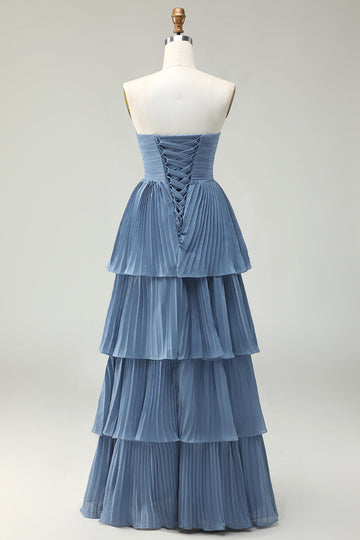 Strapless Dusty Blue A-Line Pleated Tiered Long Bridesmaid Dress